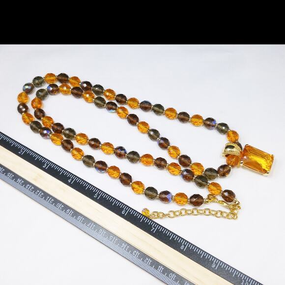 Joan Rivers Long Beaded Necklace Amber Crystal Pendant Gold Tone 38” Vintage - Picture 10 of 10